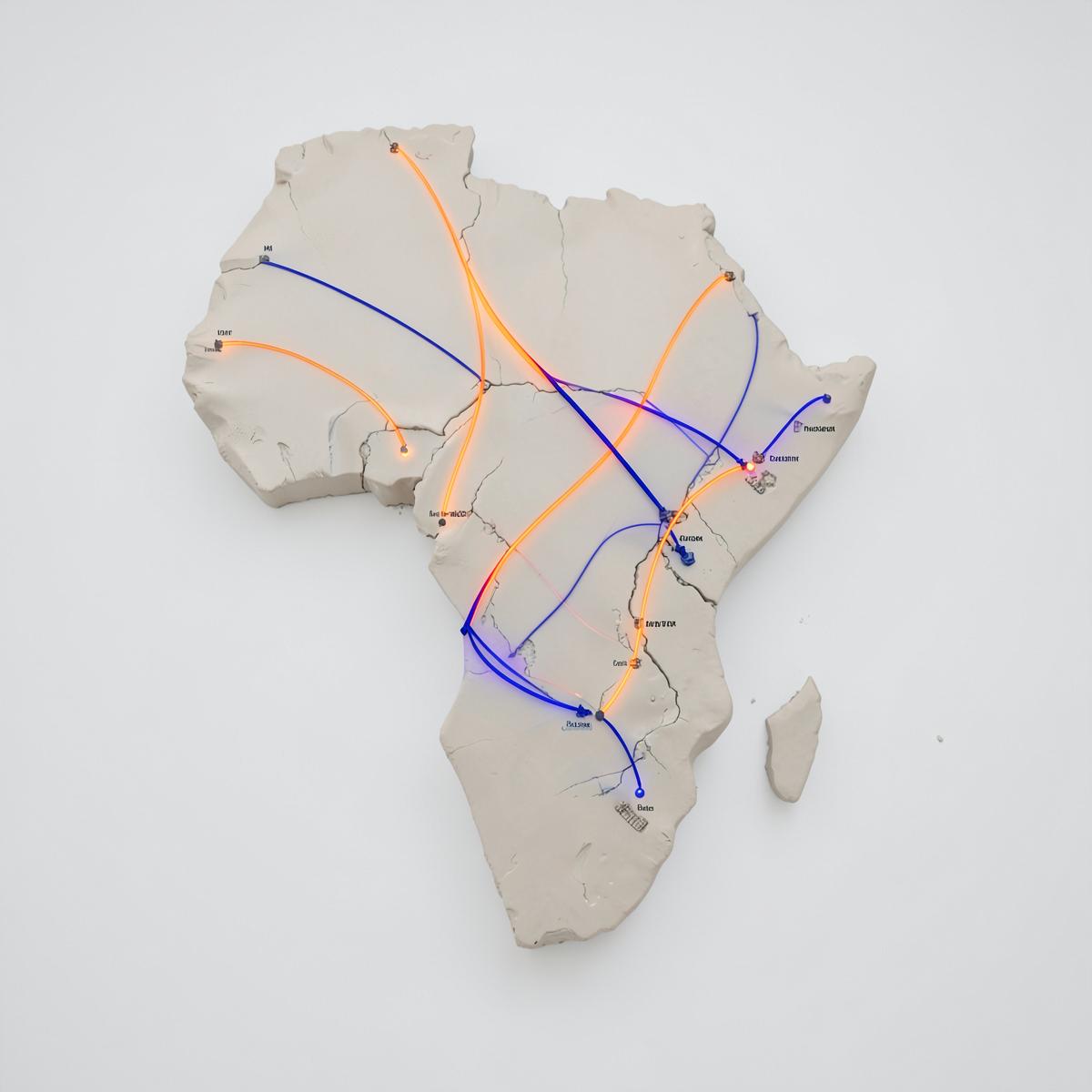 Abstract 3D map of West Africa showing glowing orange and blue trade routes connecting major regions